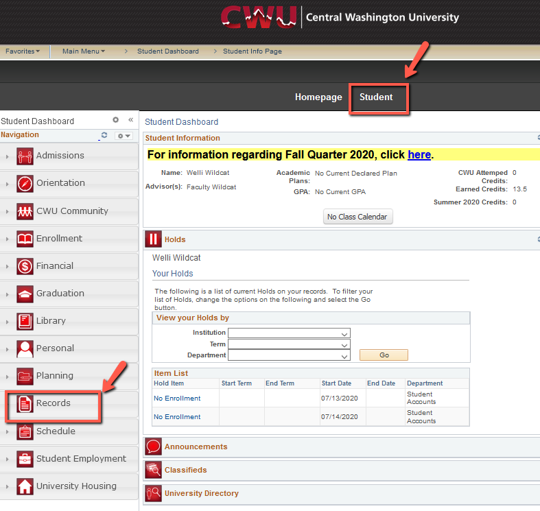 Student Tab top middle and the Records tab left hand side